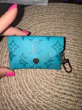Turquoise Blue Monogram Key Pouch with Gold Hardware